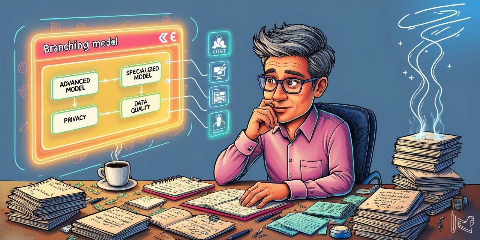 A thoughtful entrepreneur sitting at a desk, analyzing a glowing holographic interface with AI models and data pipelines. The interface shows branching options labeled Advanced Model and Specialized Model, with icons for cost, privacy, 