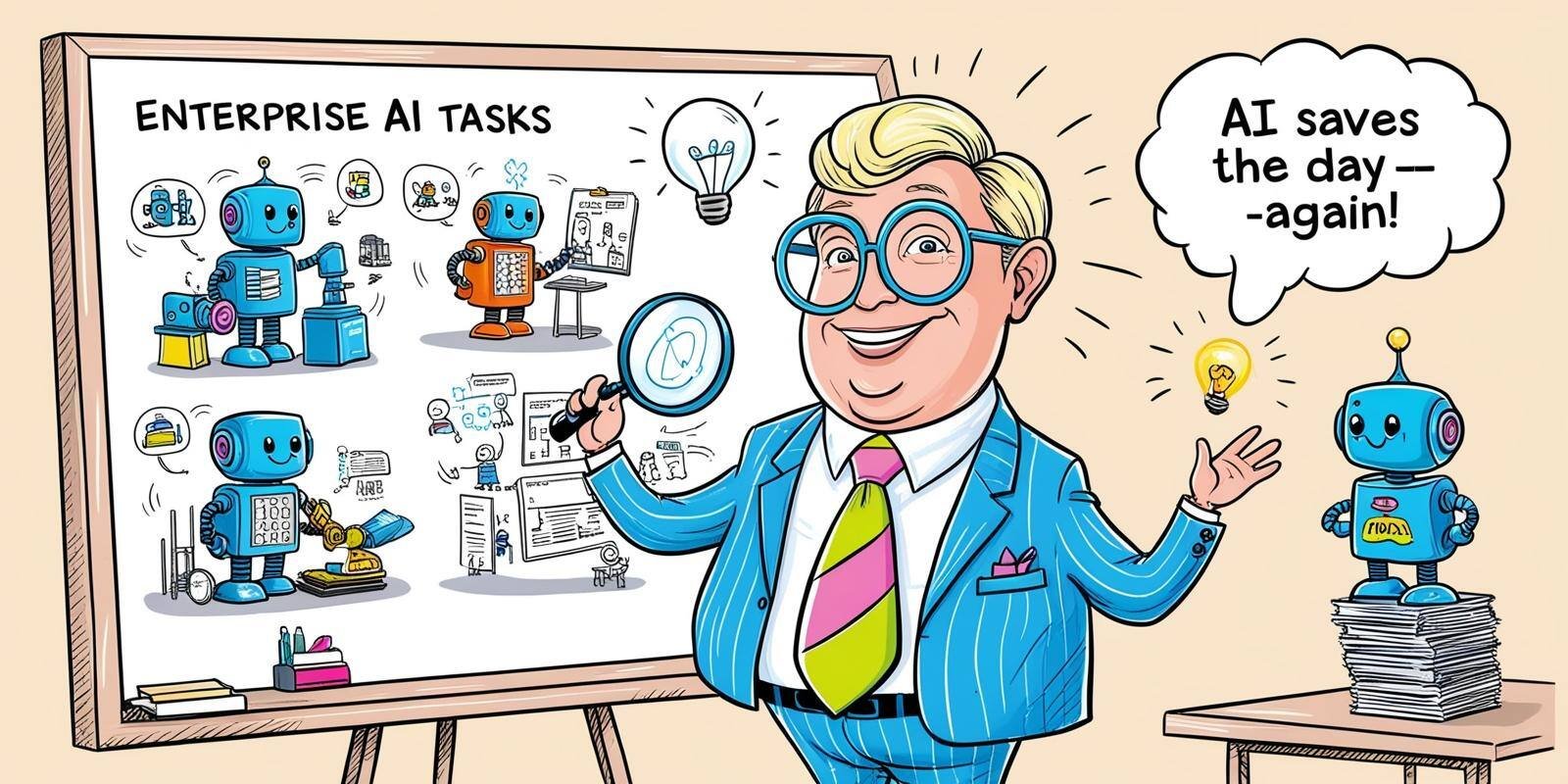 In a playful doodle style, illustrate a business leader with a quirky, oversized tie and glasses, standing next to a whiteboard filled with scribbled icons representing Enterprise AI tasks. Draw simple, cartoonish scenes like a robot fixing