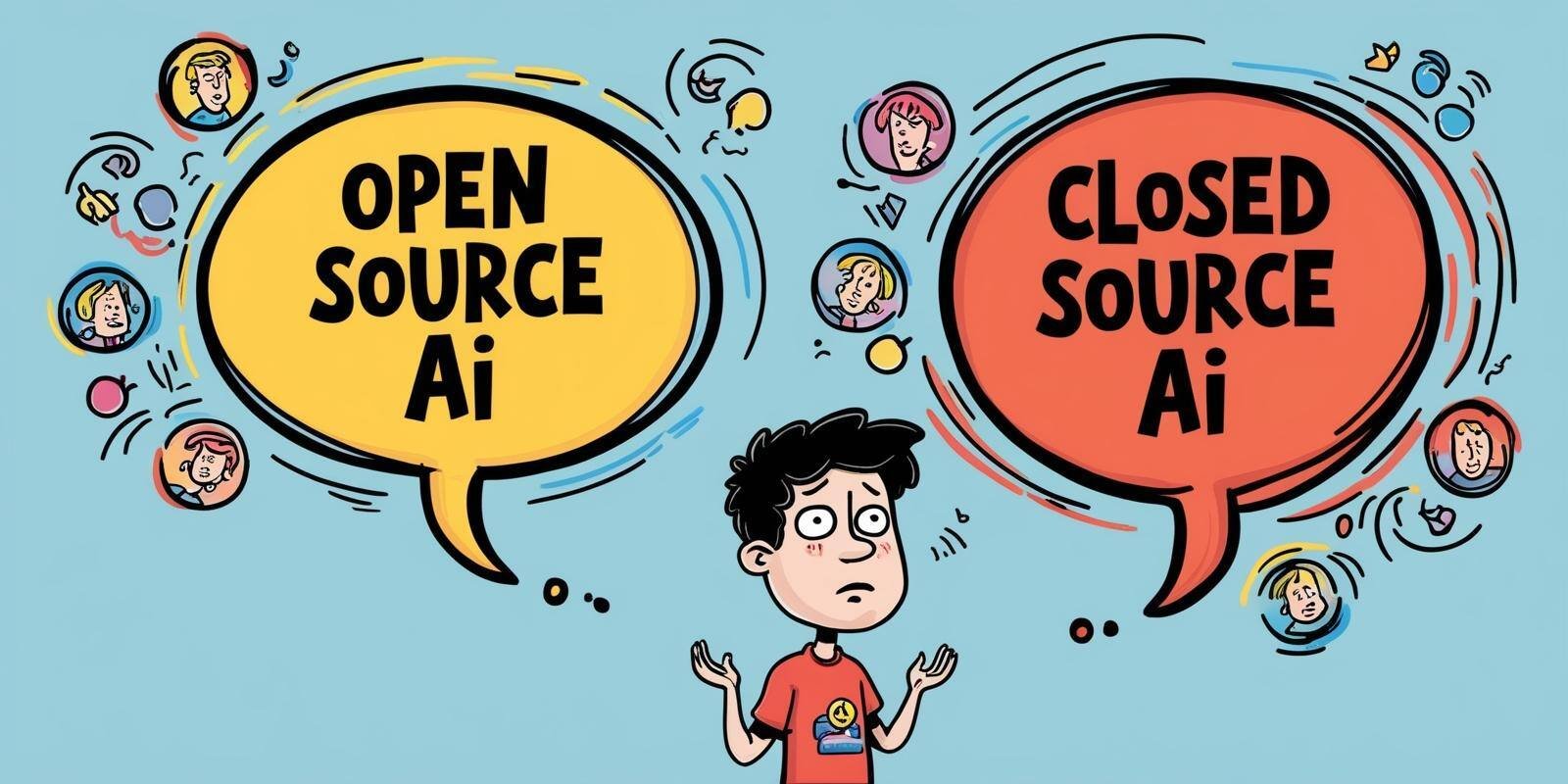 Young adult confused on what to choose between open vs closed source AI models. Make a doodle