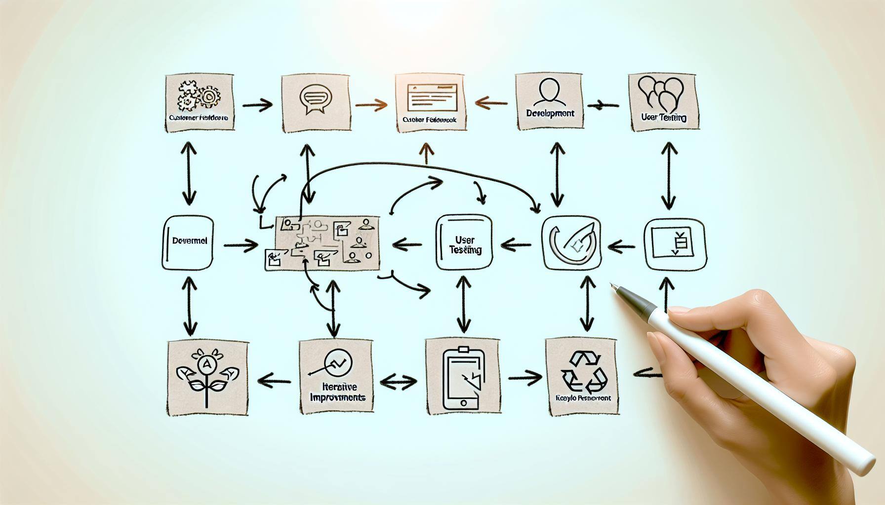 The image could include a flowchart showing steps like Customer Feedback, MVP Development, User Testing, and Iterative Improvements, connected